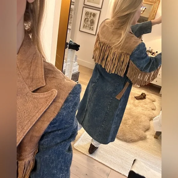 Denim and Tan Fringe Women's Coat - Picture 4 of 10